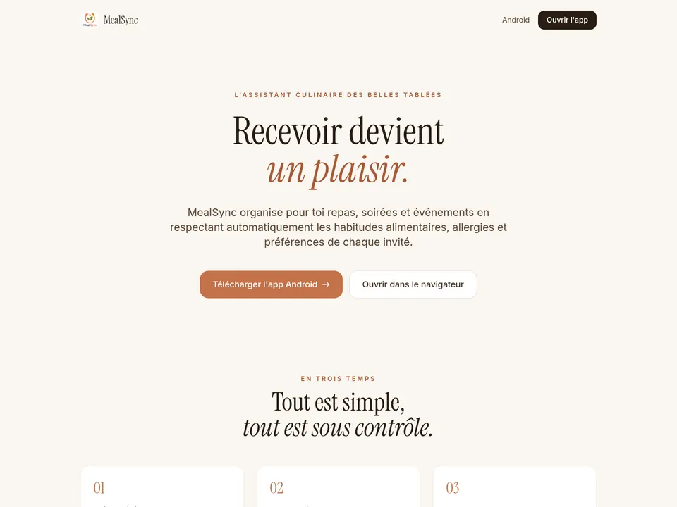 Page d'accueil de MealSync